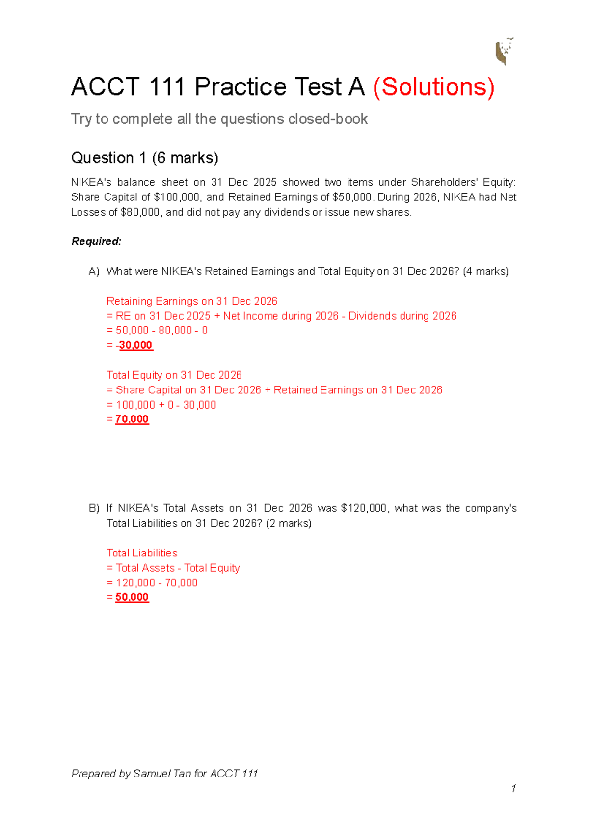 ACCT 1 Practice Test A Solutions: Equity & Liabilities Analysis - Studocu