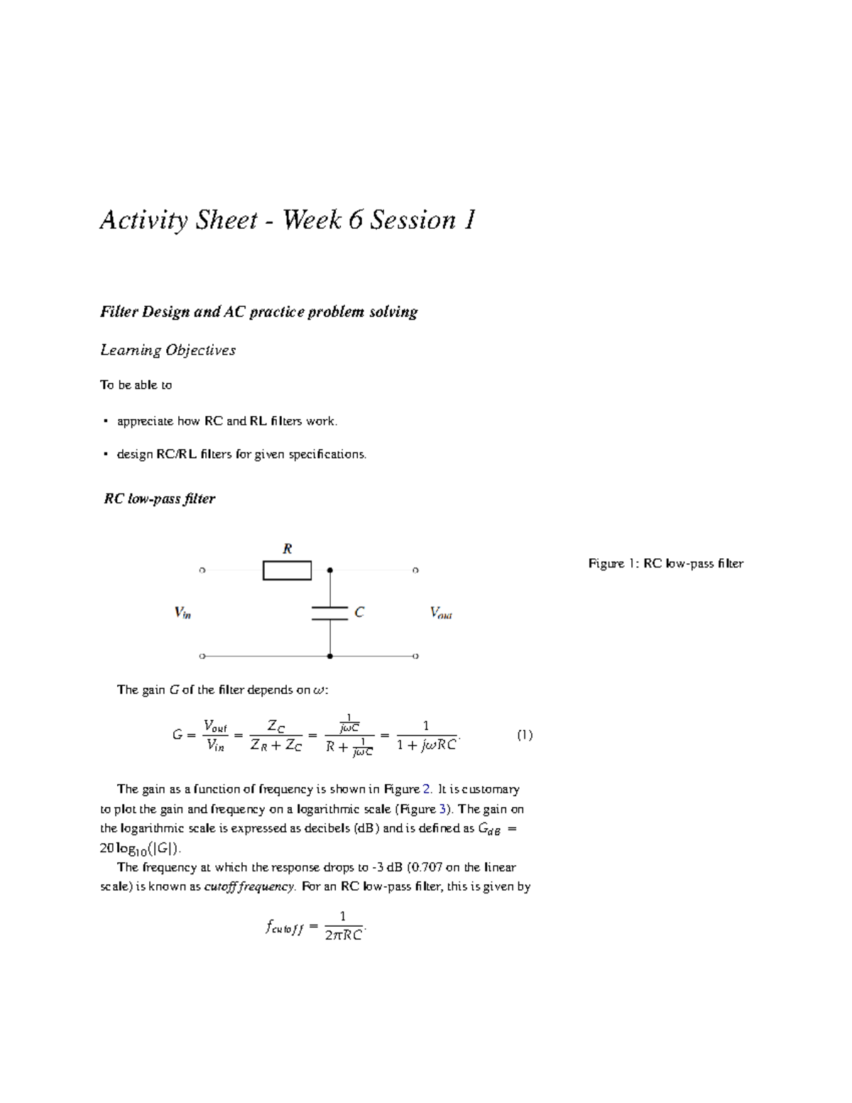Electrical Engineering EPP: Week 6 AC Filter Design Activity Sheet ...