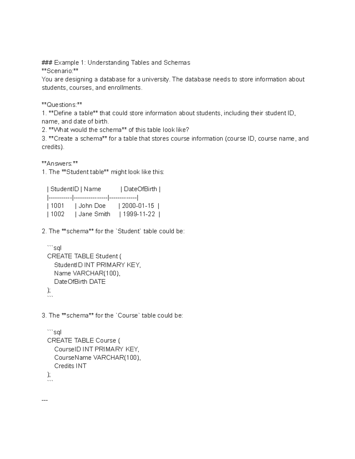 DBMS Practice Questions: Designing Database Tables and Schemas - Studocu