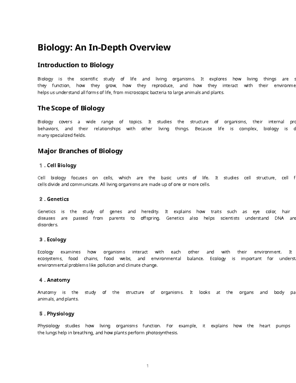 Biology 101: Overview of Major Branches and Concepts - Studocu