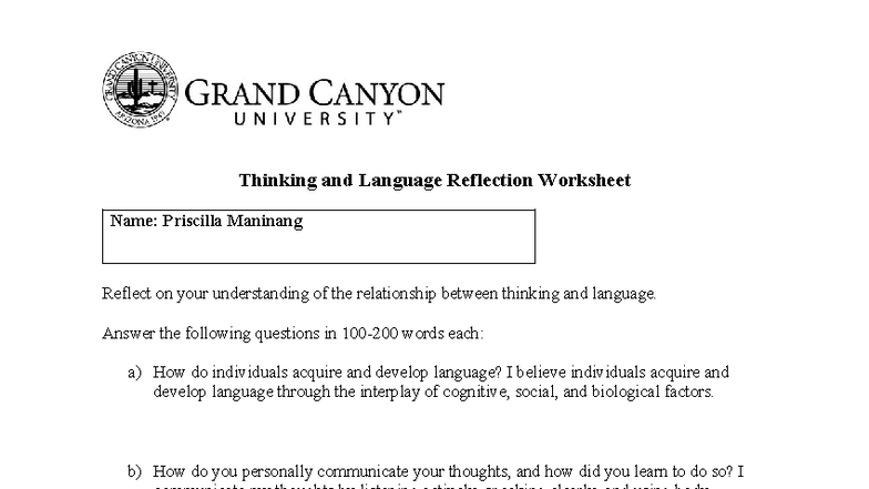 Thinking and Language Reflection Worksheet - Priscilla Maninang - Studocu