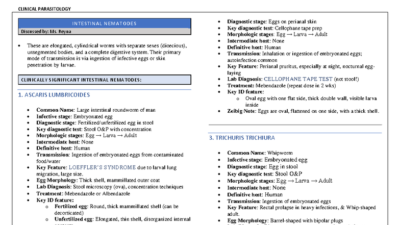 CLINICAL PARASITOLOGY: INTESTINAL NEMATODES STUDY NOTES BSMT 2C - Studocu