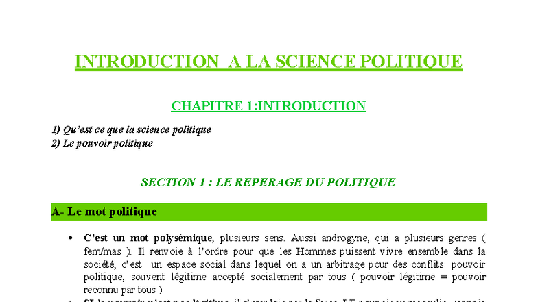 Introduction à la Science Politique - Chapitre 1: Concepts Fondamentaux ...