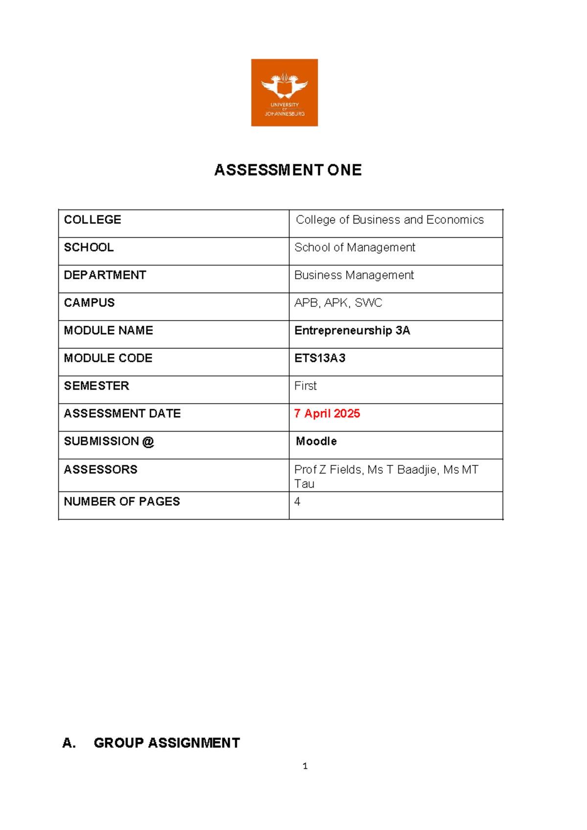 ETS3A Assignment 1 - Getting started 2025 - ASSESSMENT ONE COLLEGE ...