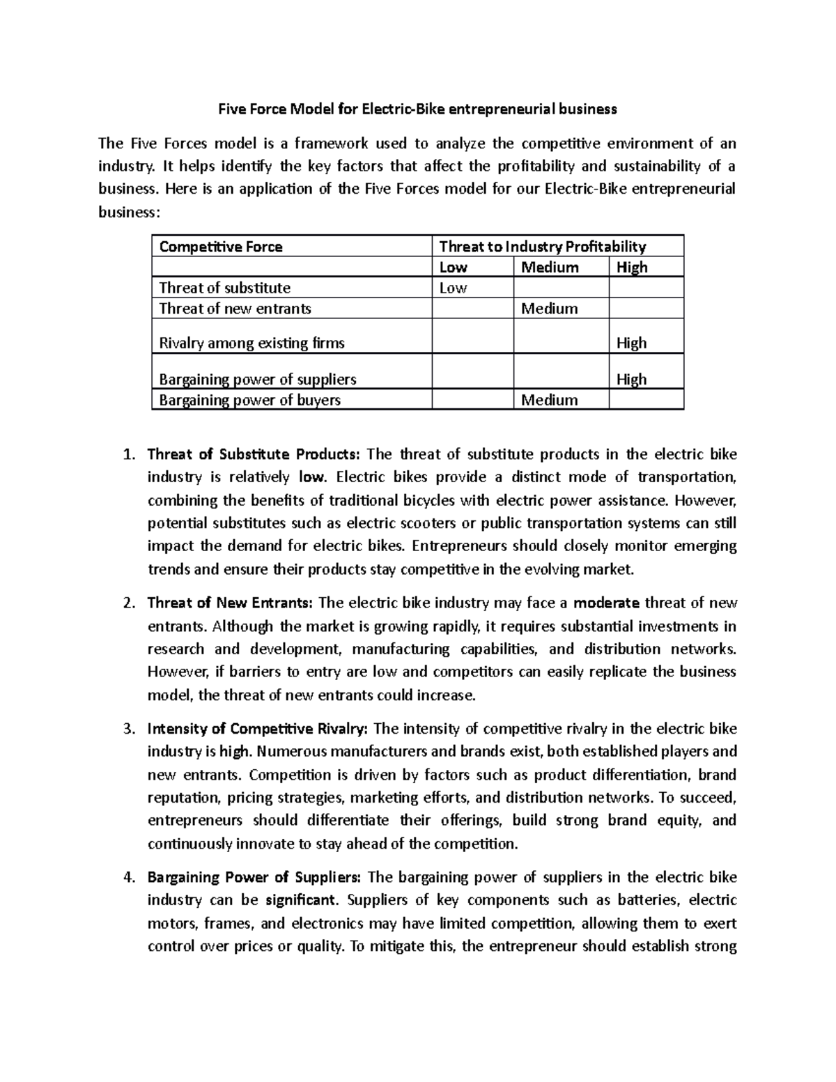 Five Forces Model Analysis for Electric Bike Business Strategy - Studocu