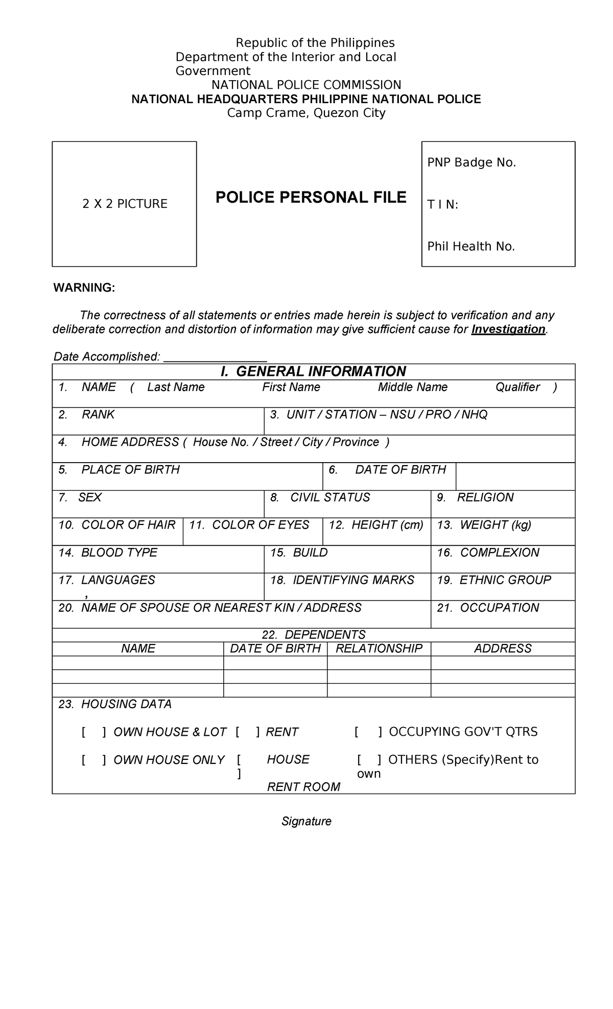 PNP Personal Data Sheet: Essential Information & Evaluation Form - Studocu