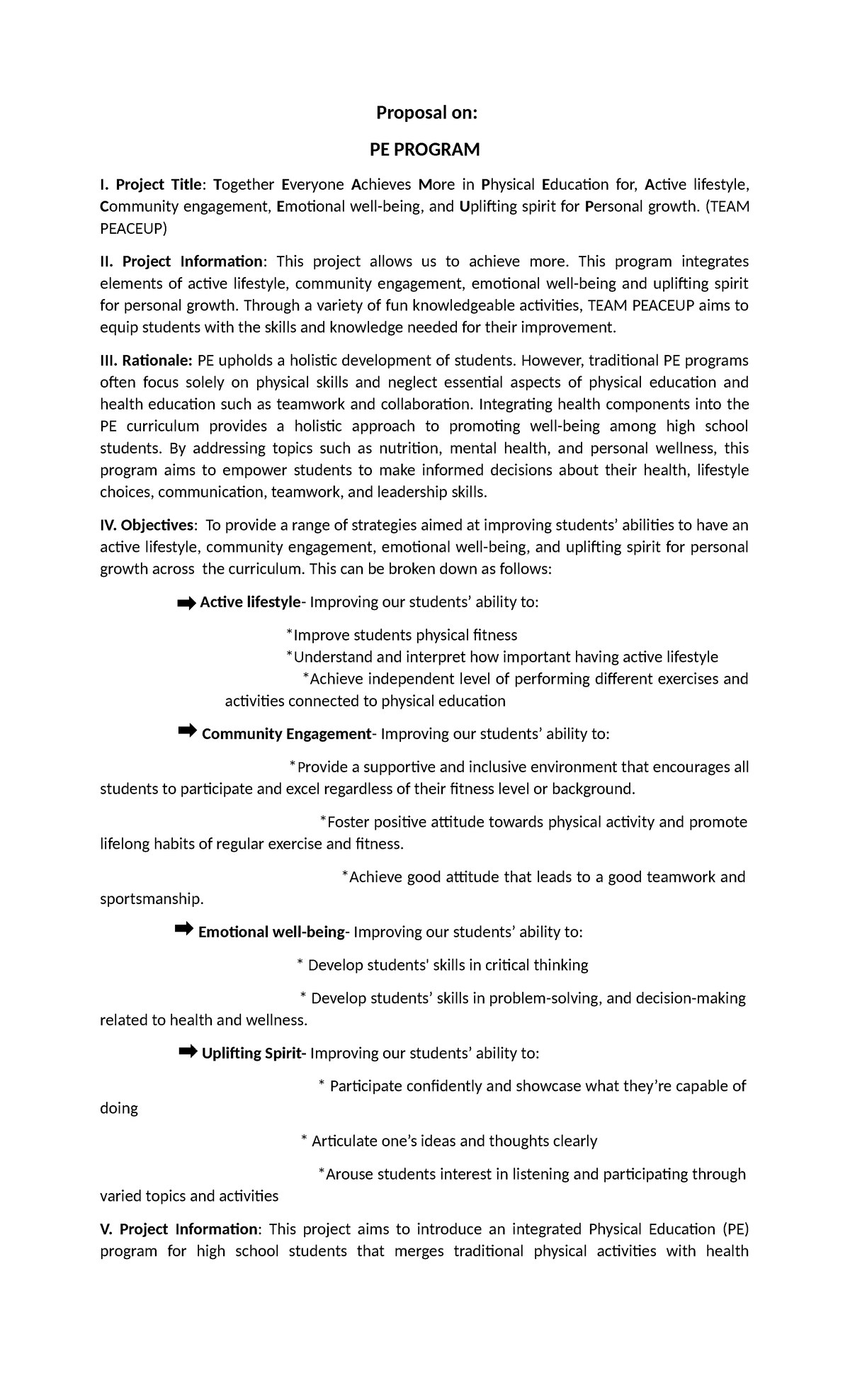 Final Proposal on PE Program: TEAM PEACEUP Initiative - Studocu