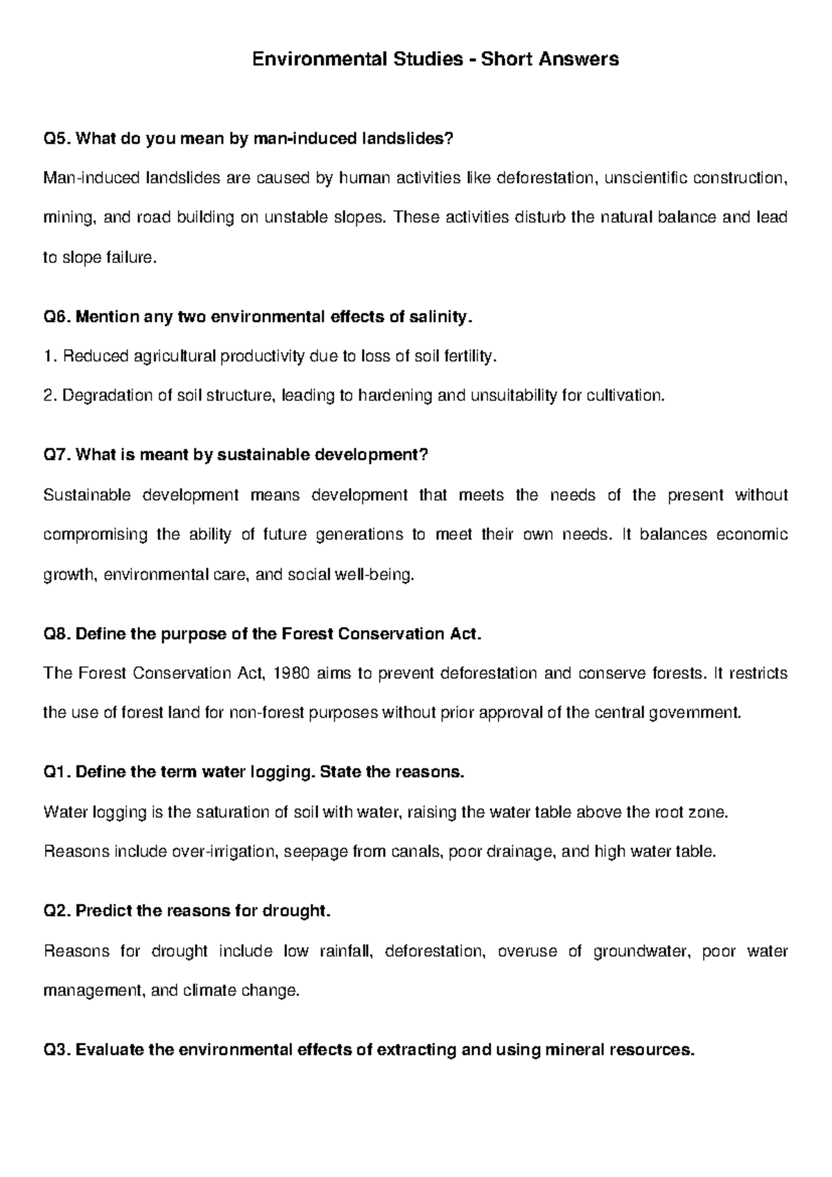 Environmental Studies Short Answers: Key Concepts & Effects - Studocu