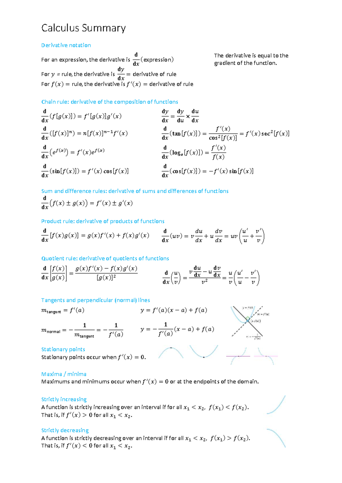 Calculus Summary: Derivative Notation and Rules (MATH101) - Studocu