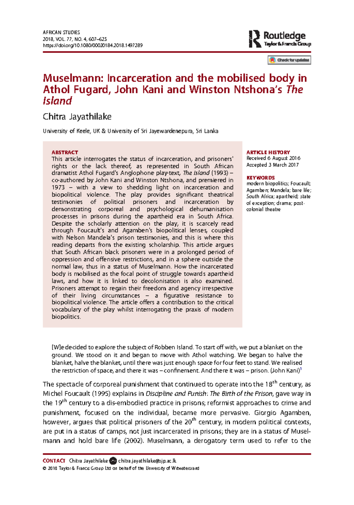 Muselmann and Biopolitics: Exploring Incarceration in The Island (AFS ...