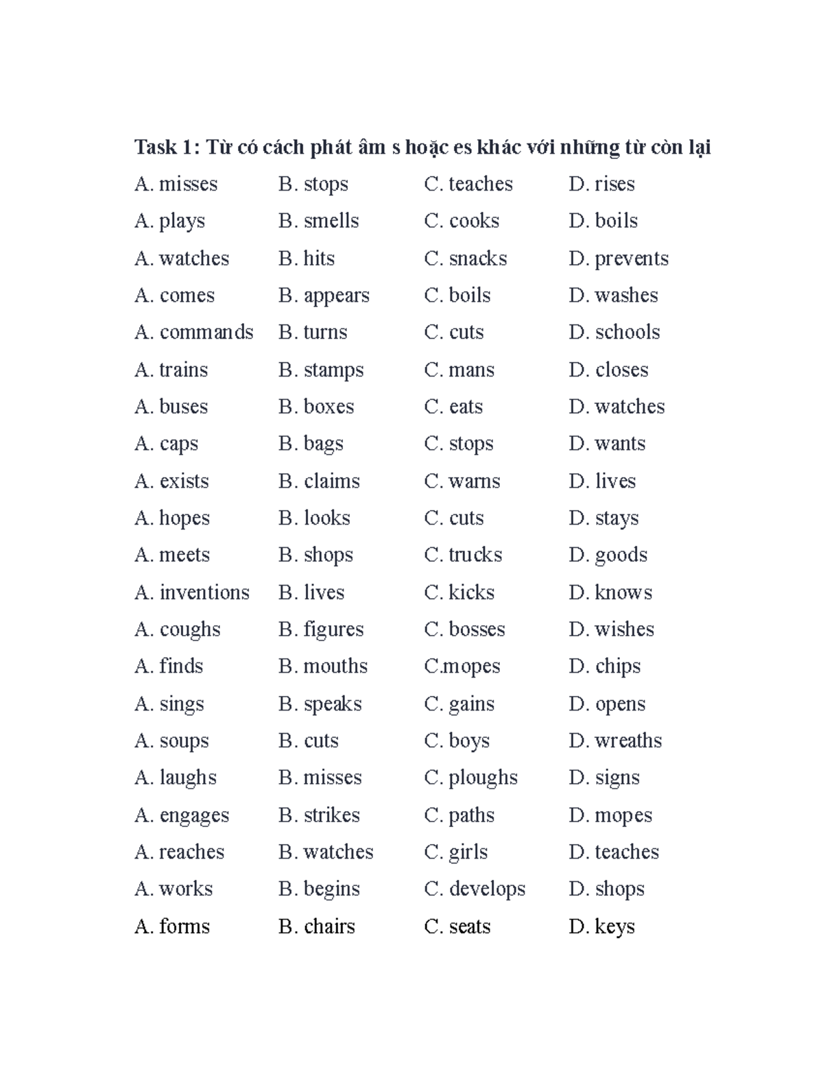 BÀI TẬP PHÁT ÂM CHO S Z IZ - English Lesson Notes - Studocu