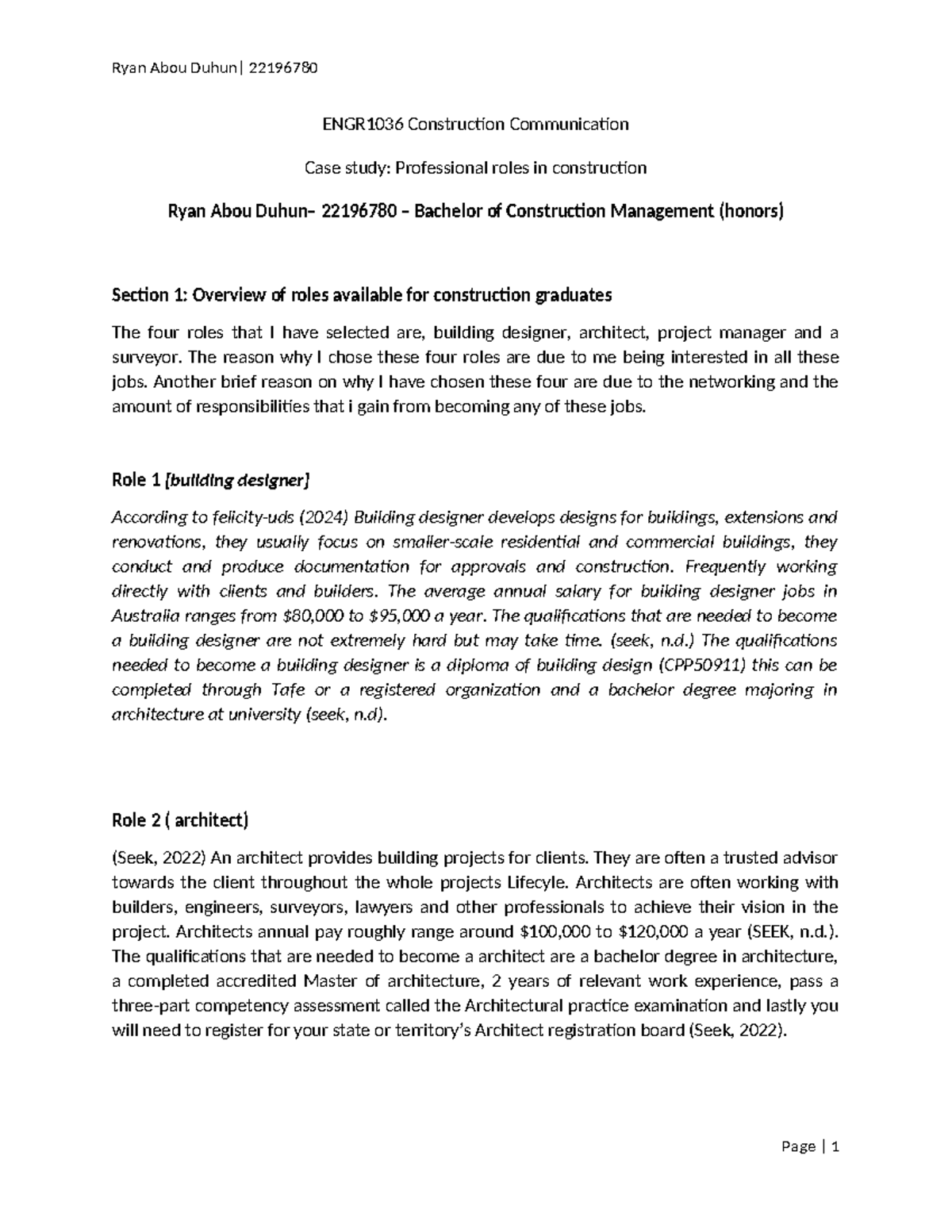 ENGR1036 Construction Communication Case Study: Roles in Construction ...