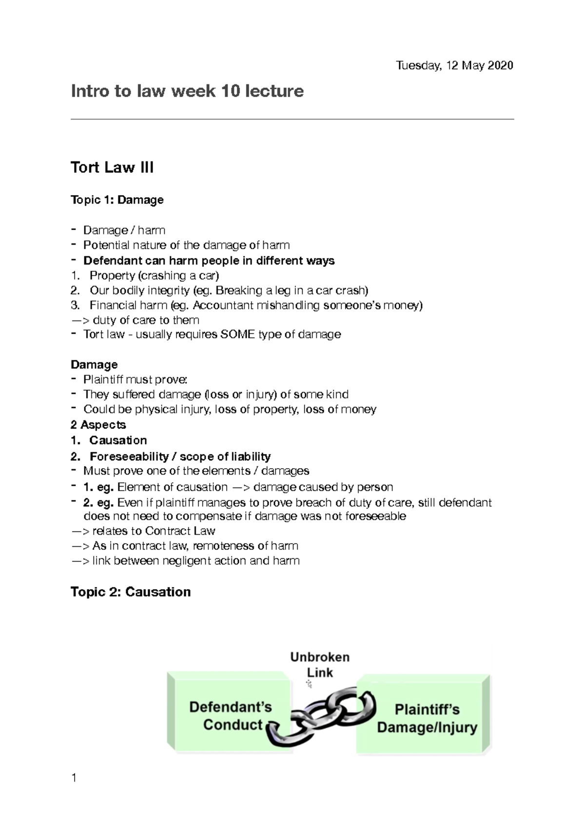 LAW101 - Intro to Law Week 10 - Tort Law Lecture Notes - Studocu