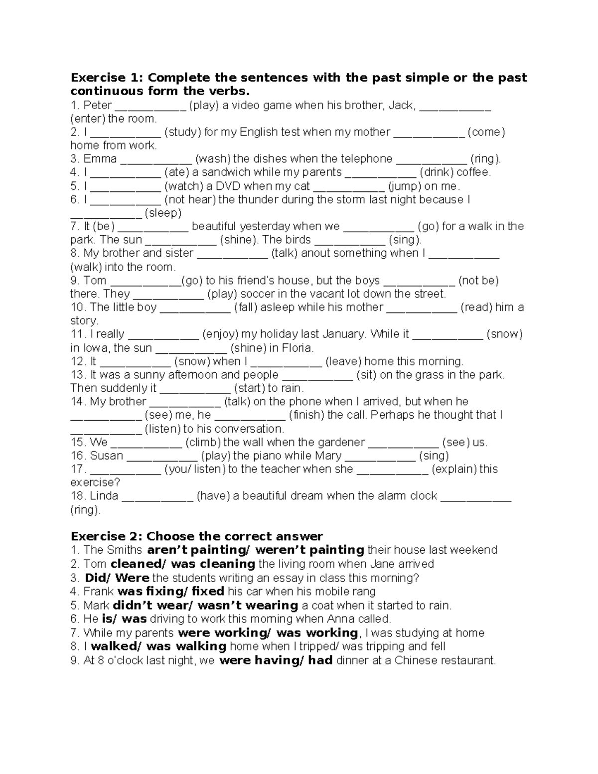 Exercise 1: Past Simple and Past Continuous Practice (ENG 101) - Studocu