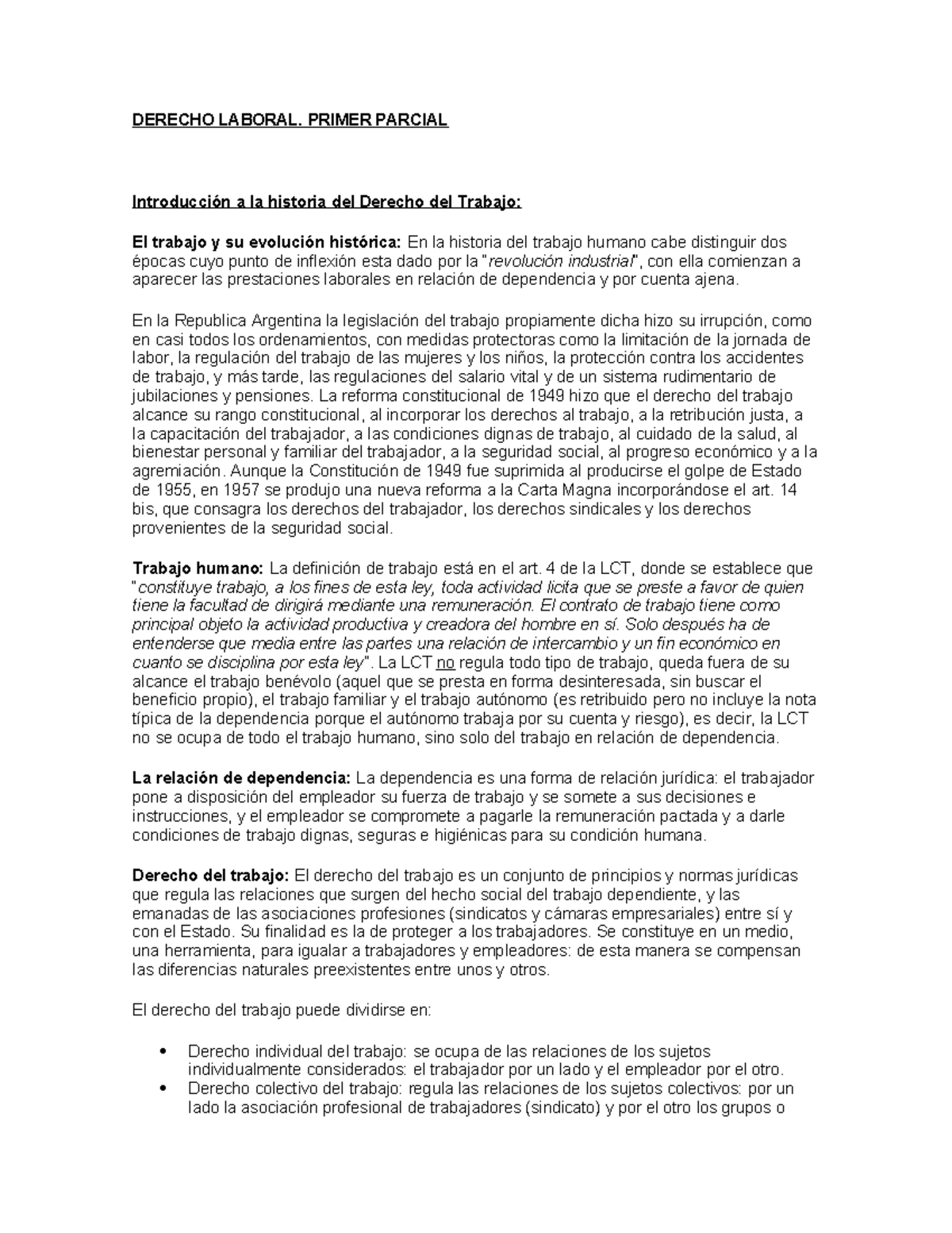 Derecho Laboral - Primer Parcial (Curso 8224) Resumen y Análisis - Studocu