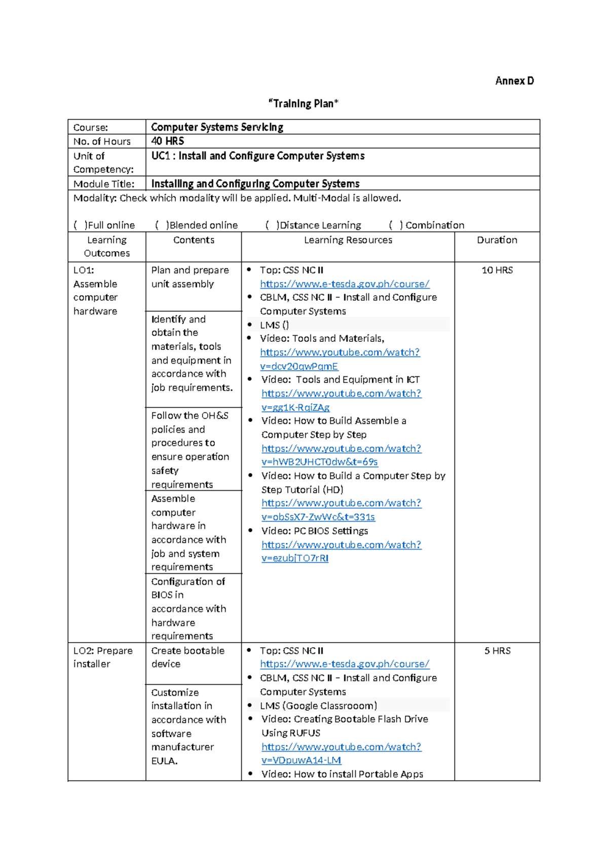 544509822 Training Plan for Computer Systems Servicing Course - Studocu