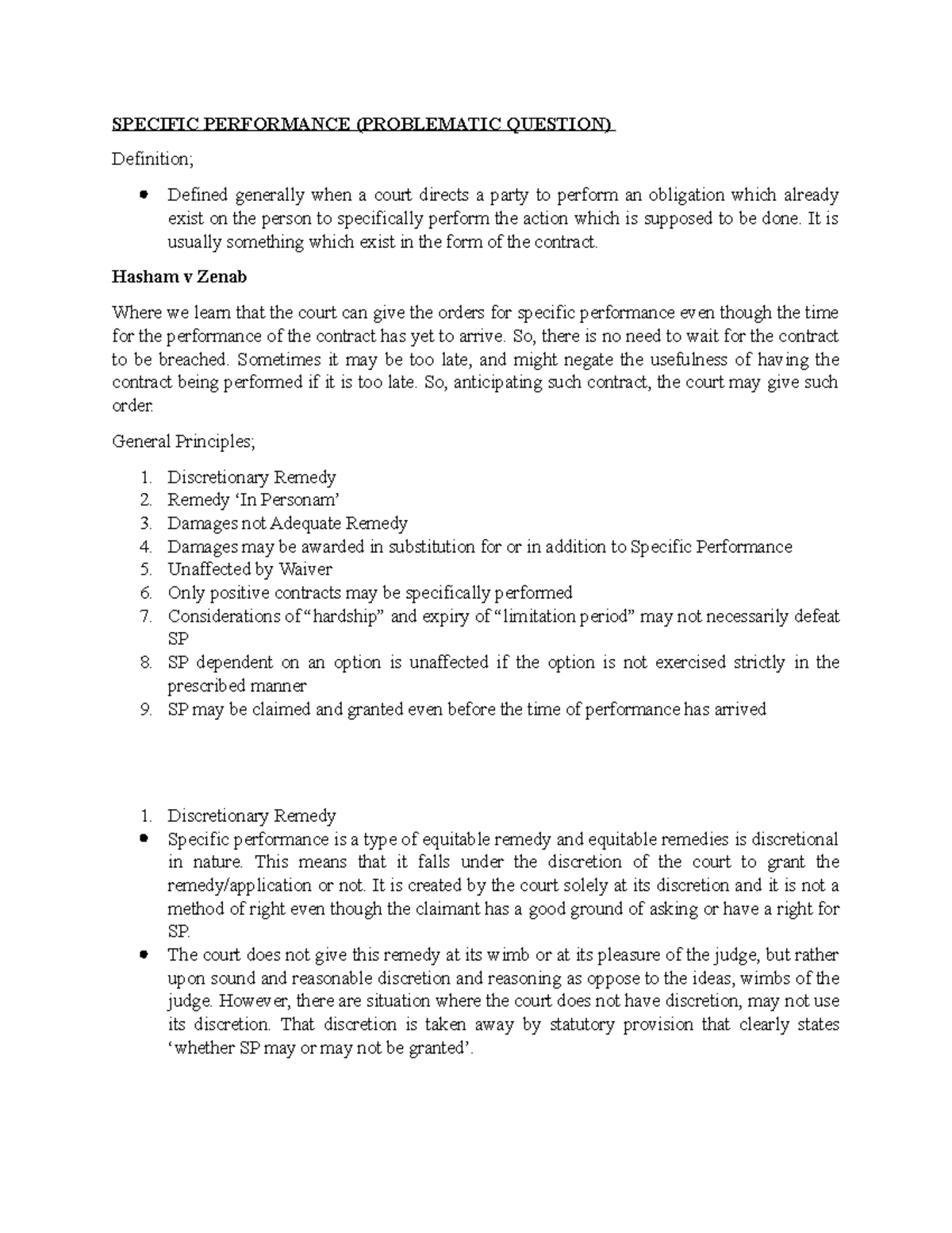 Specific Performance - Law Notes for Finals (Legal 101) - Studocu