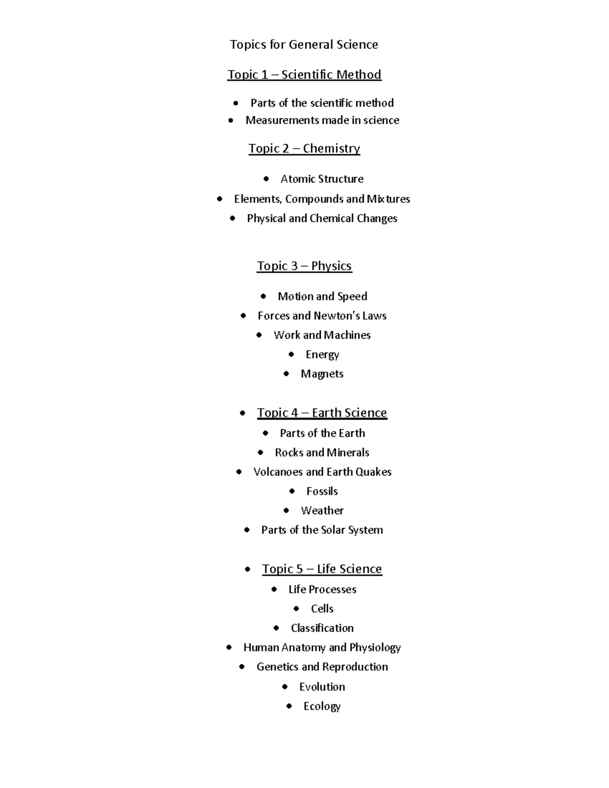 Topics for General Science - Topics for General Science Topic 1 ...