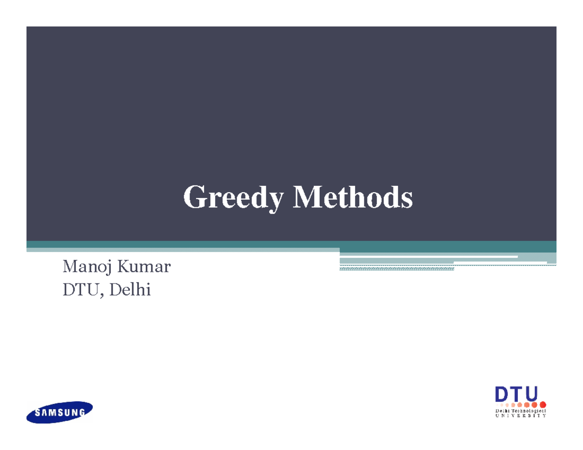 Greedy Algorithms and Dynamic Programming: DSA MK Lect9 - Studocu