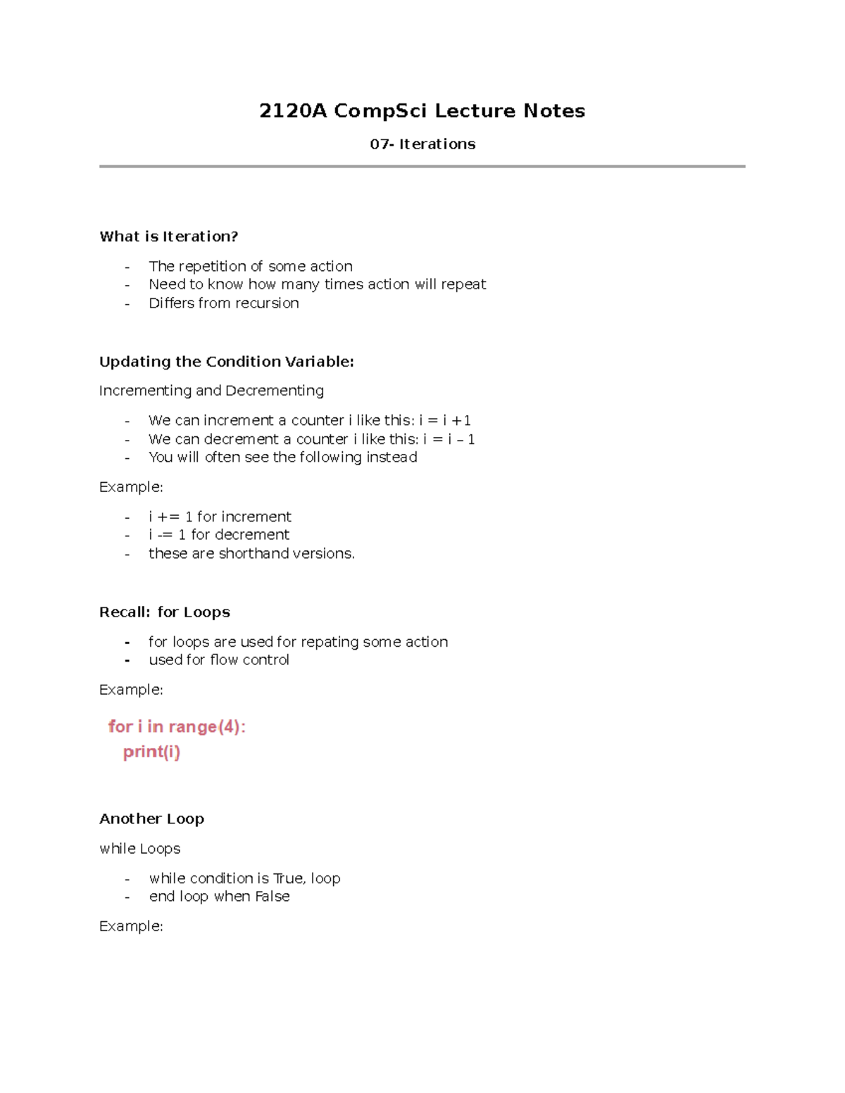 2120A CompSci Lecture 3 Notes: Understanding Iterations and Loops - Studocu