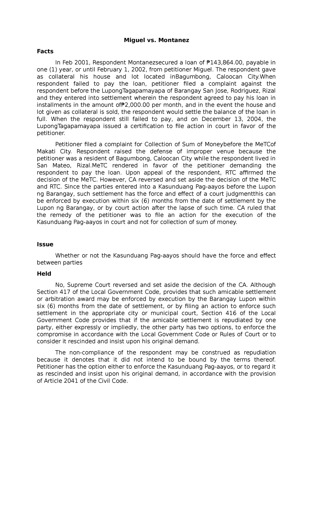 PD 1508 6: Miguel vs. Montanez Case Summary and Legal Analysis - Studocu