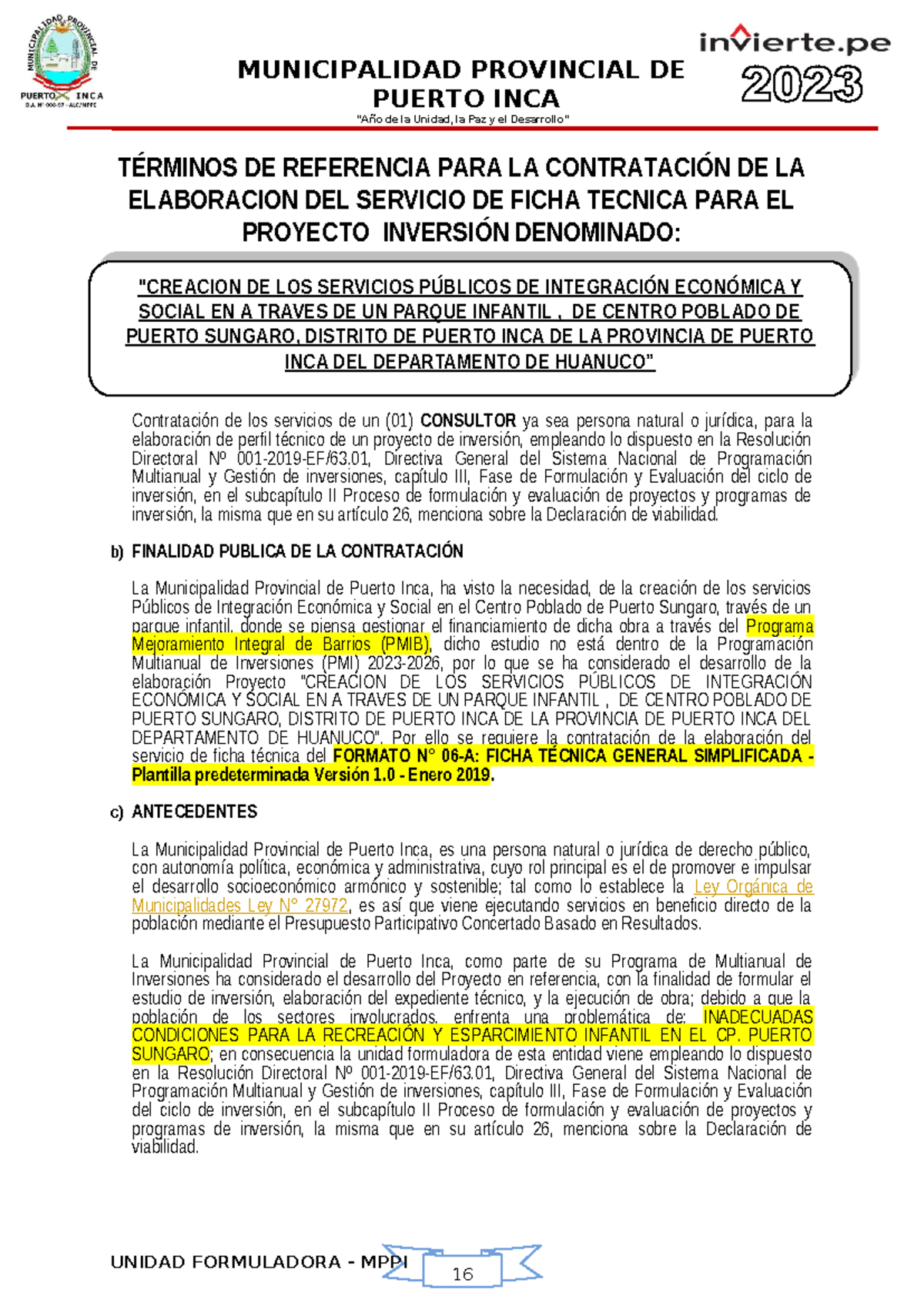 TDR - Ficha Técnica para Proyecto Parque Infantil en Puerto Sungaro - Document Preview
