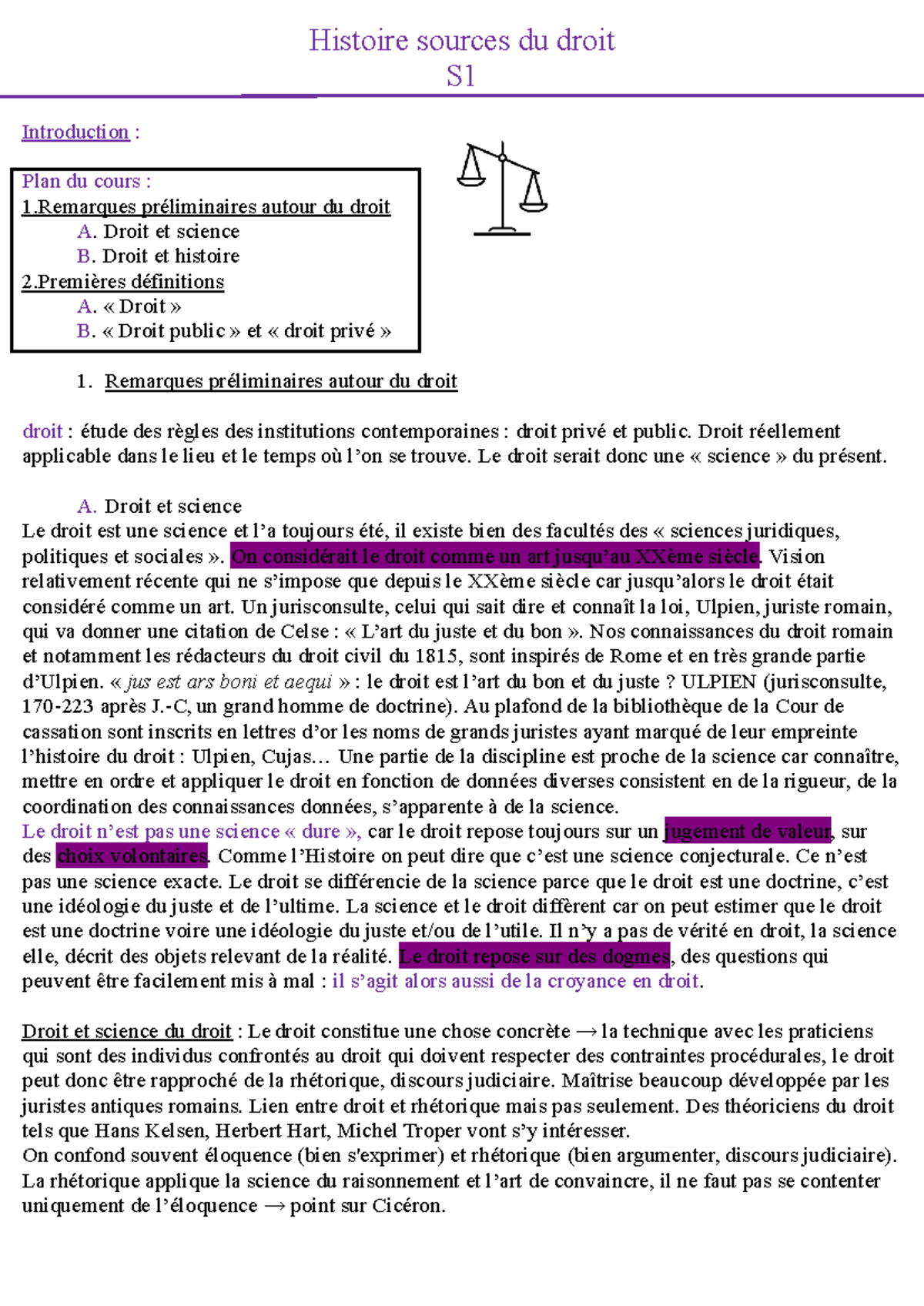 Histoire des Sources du Droit S1 : Introduction et Concepts ...