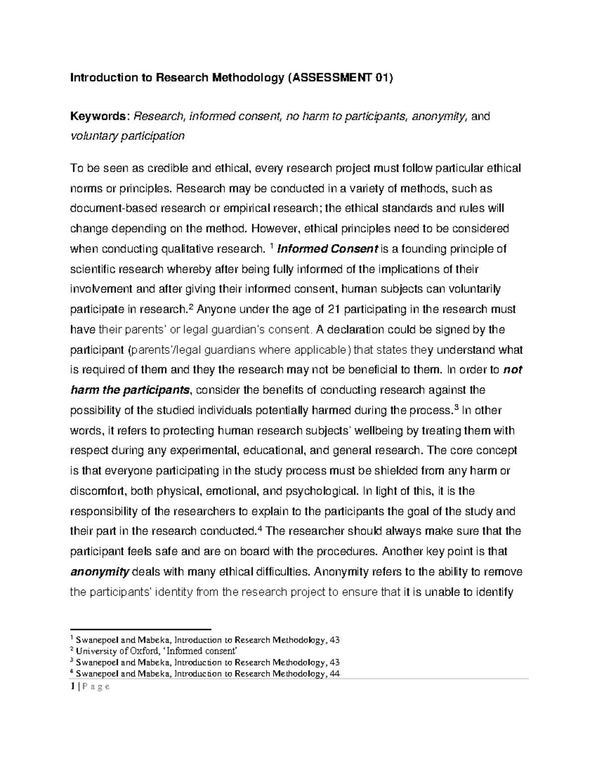 IRM1501 Assessment 1 - 1 | P a g e Introduction to Research Methodology ...