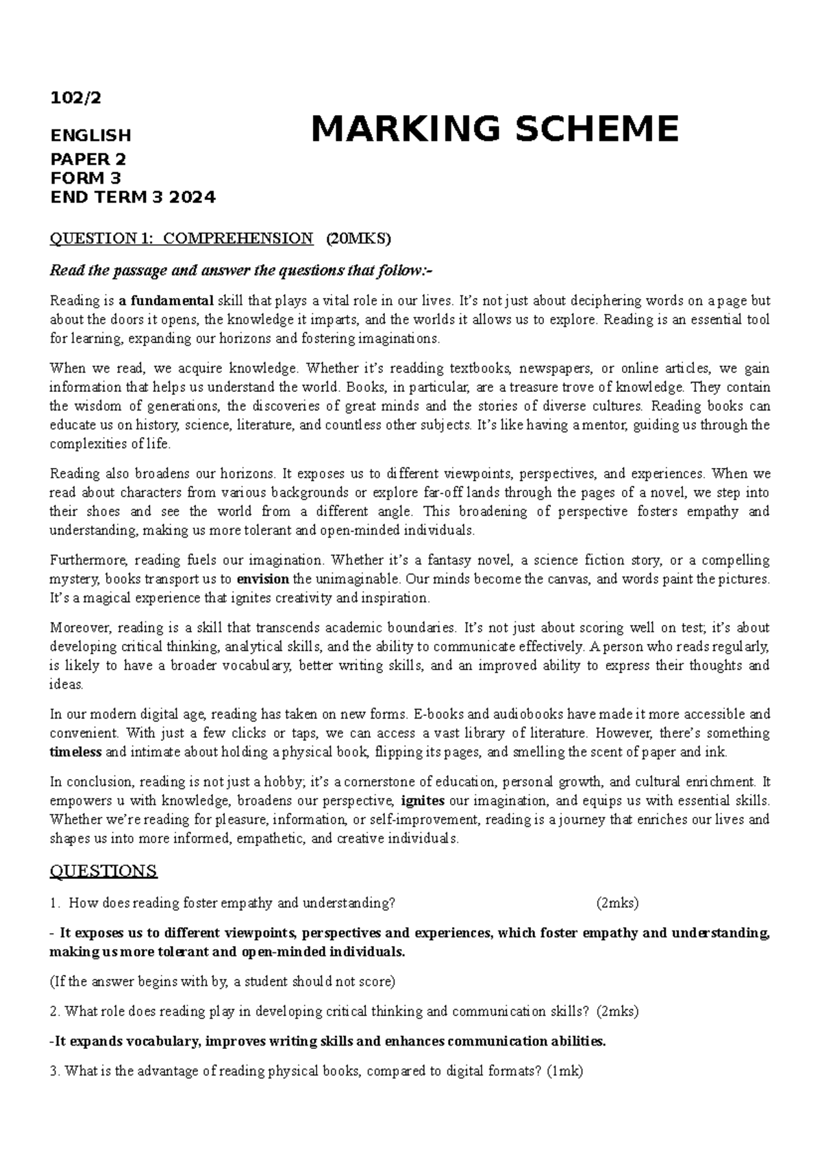 ENGLISH F3 PP2 MS - COMPREHENSION & GRAMMAR MARKING SCHEME 2024 - Studocu