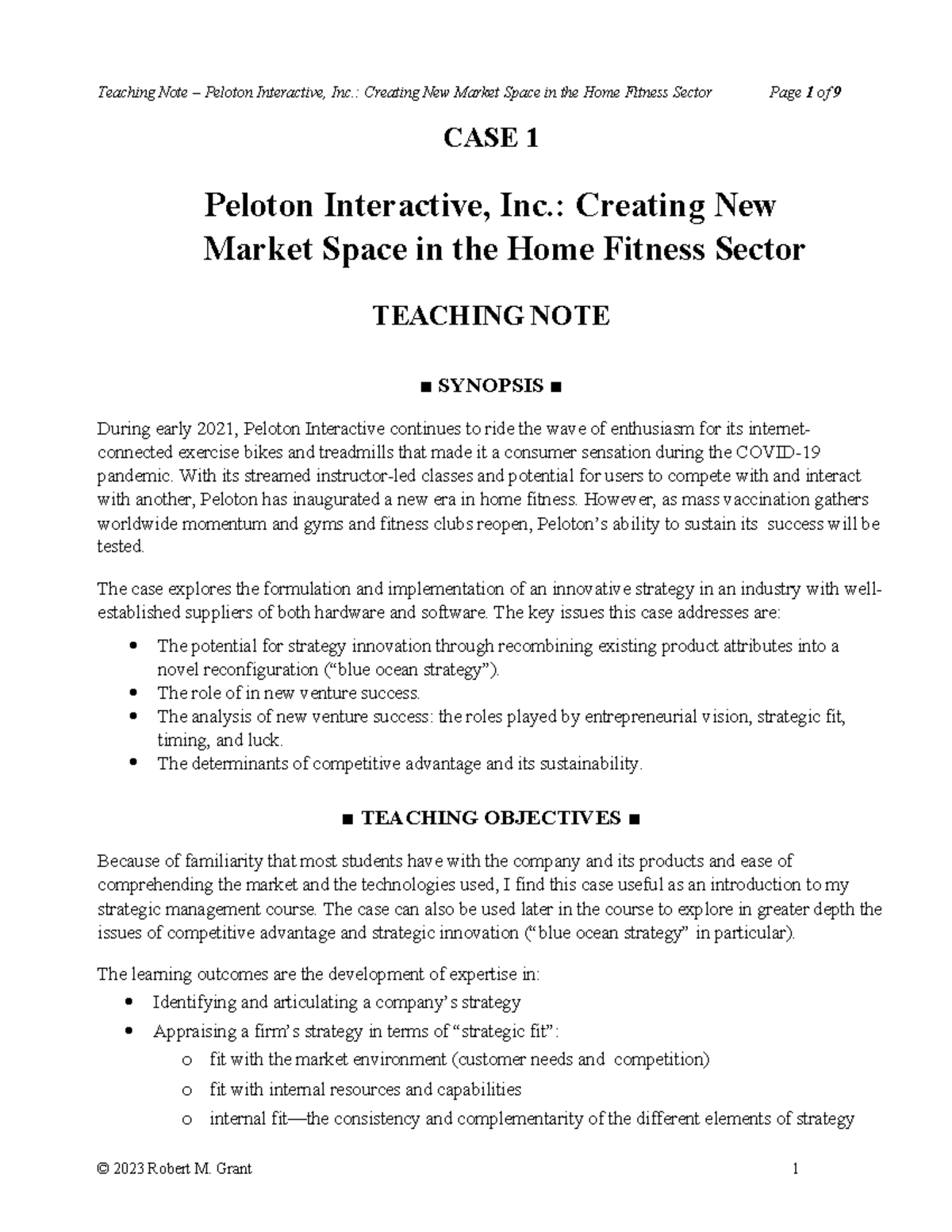 CSA Ch 1 CTN - Teaching note - CASE 1 Peloton Interactive, Inc ...