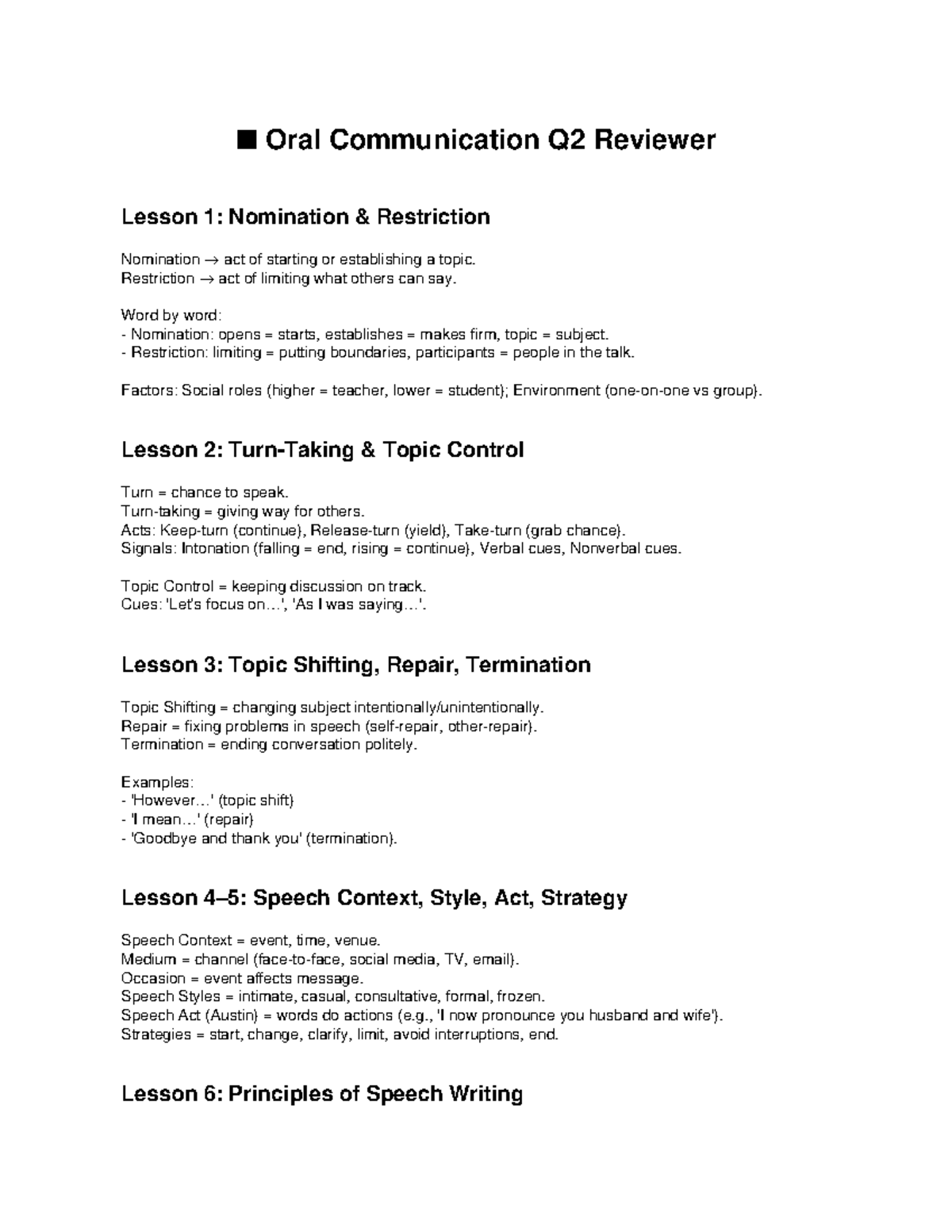 Oral Communication Q2 Reviewer: Key Lessons and Concepts - Studocu