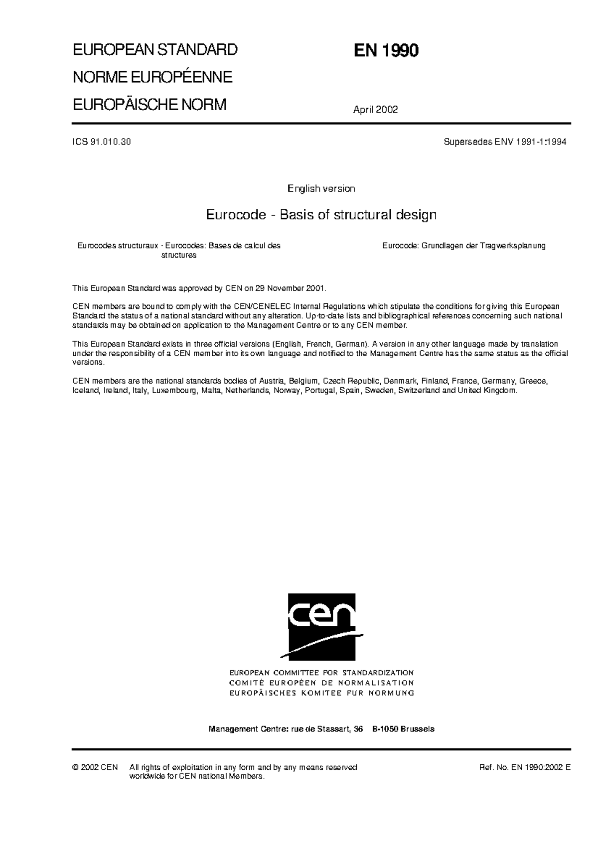 EN 1990:2002 - Eurocode Basis of Structural Design Standards - Studocu