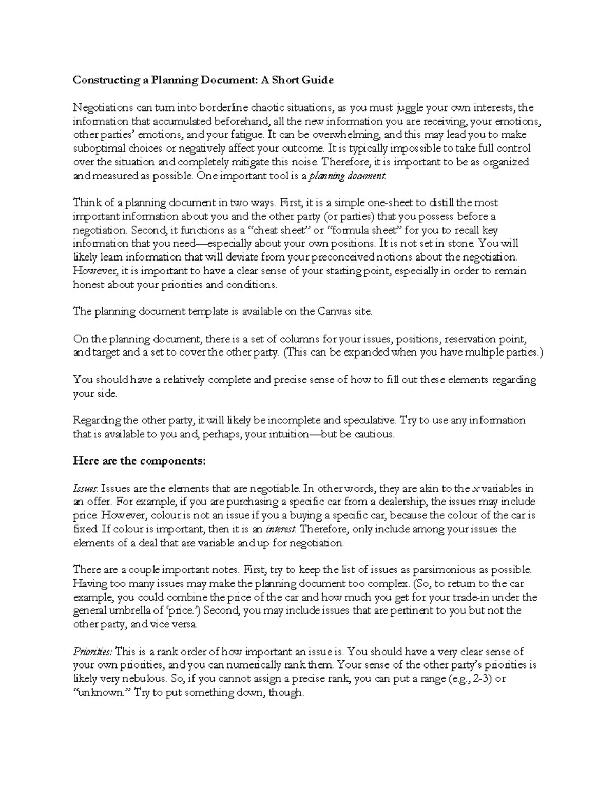 Negotiation Planning Document Guide: Key Components & Strategies - Studocu