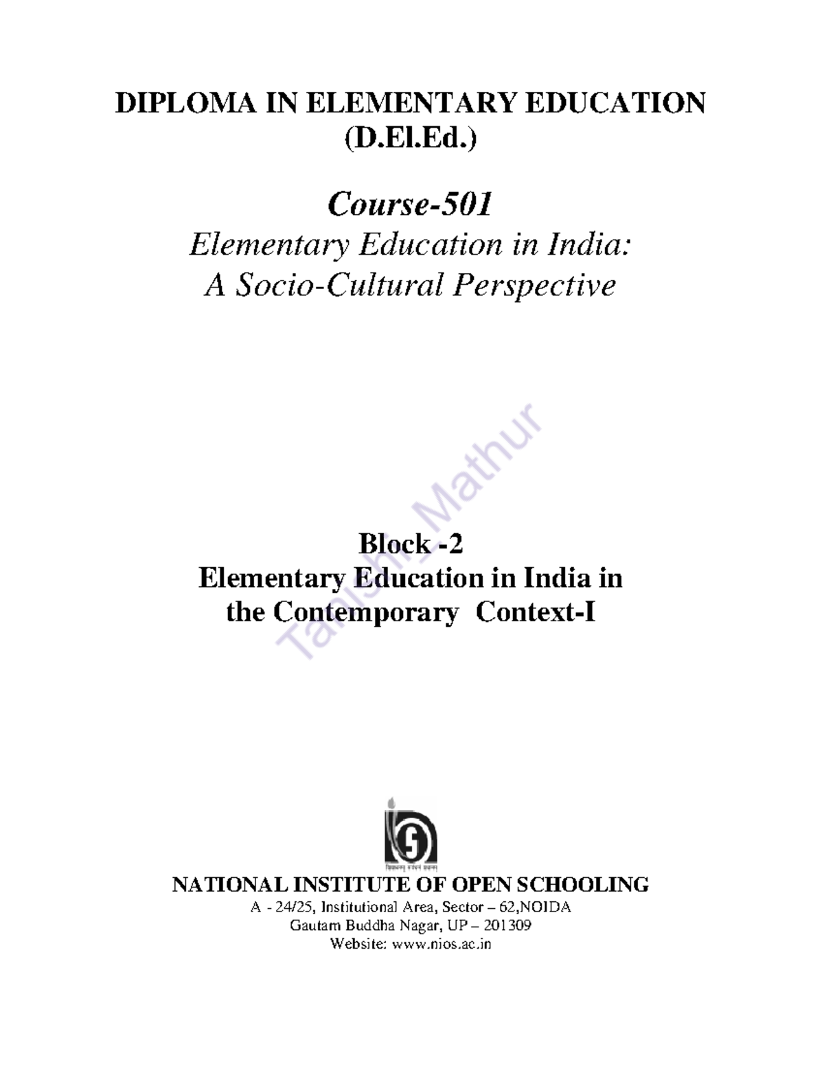 D.El.Ed. Block 2: Strategies for Universal Elementary Education in ...