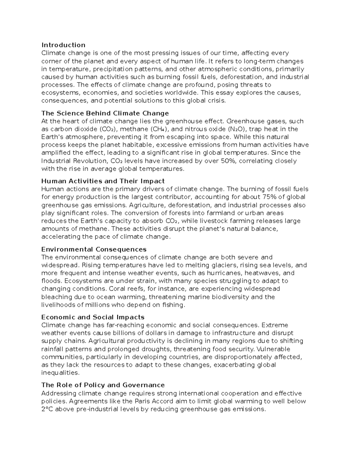 Climate Change Essay Reflection: Causes, Effects, and Solutions - Studocu