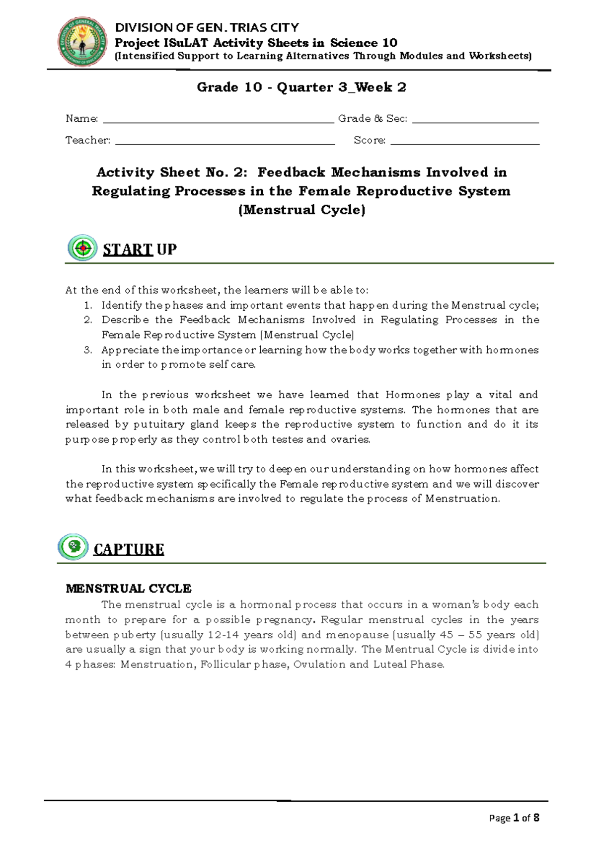 Science-10-Q3-MELC: Week 2 Activity on Female Reproductive System - Studocu