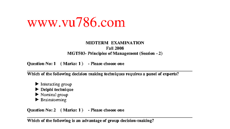 MGT503 Midterm Exam Fall 2008: Principles of Management Questions - Studocu