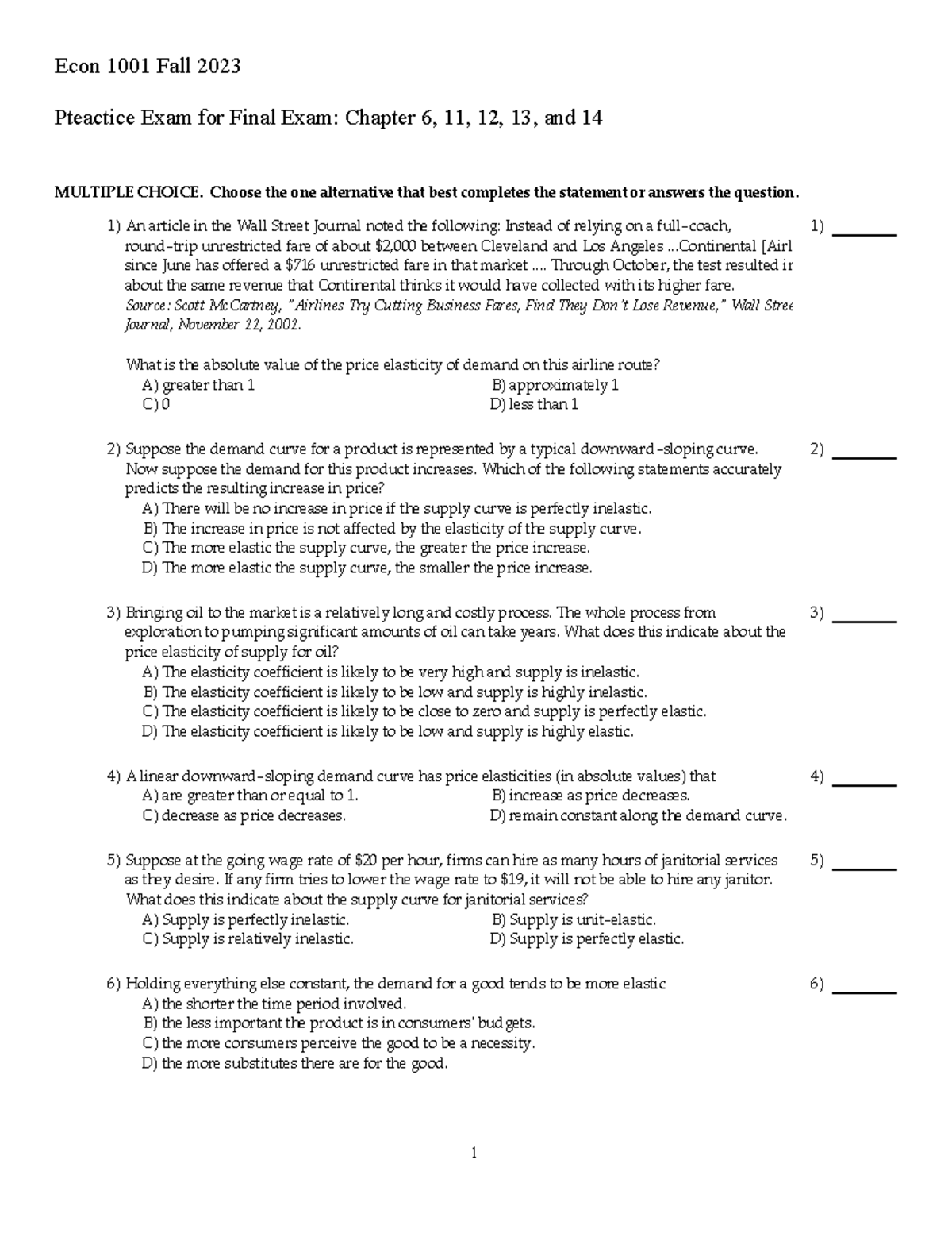 Practice Exam for Final Exam (Econ 1001 - Fall 2023) - Studocu
