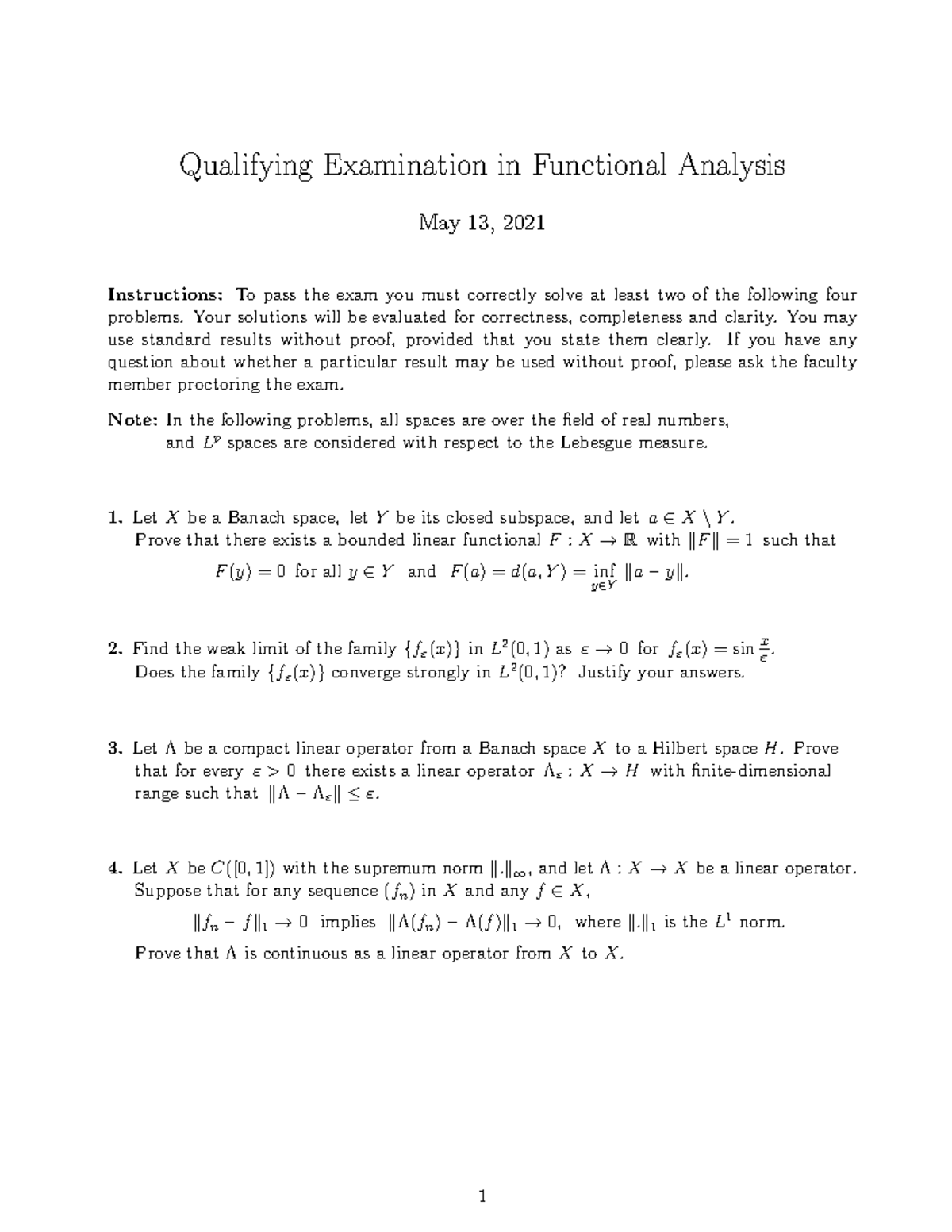 Qualifying Exam Problems in Functional Analysis (2017-2021) - Studocu