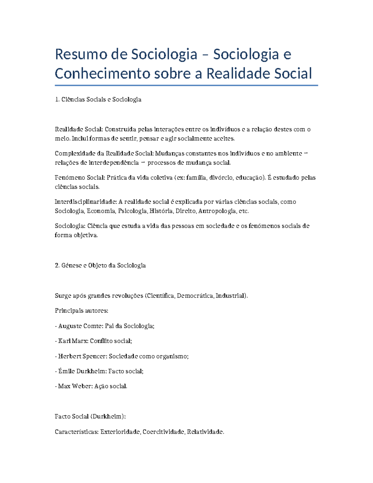 Resumo de Sociologia: Conhecimento e Realidade Social 1 - Ciências ...