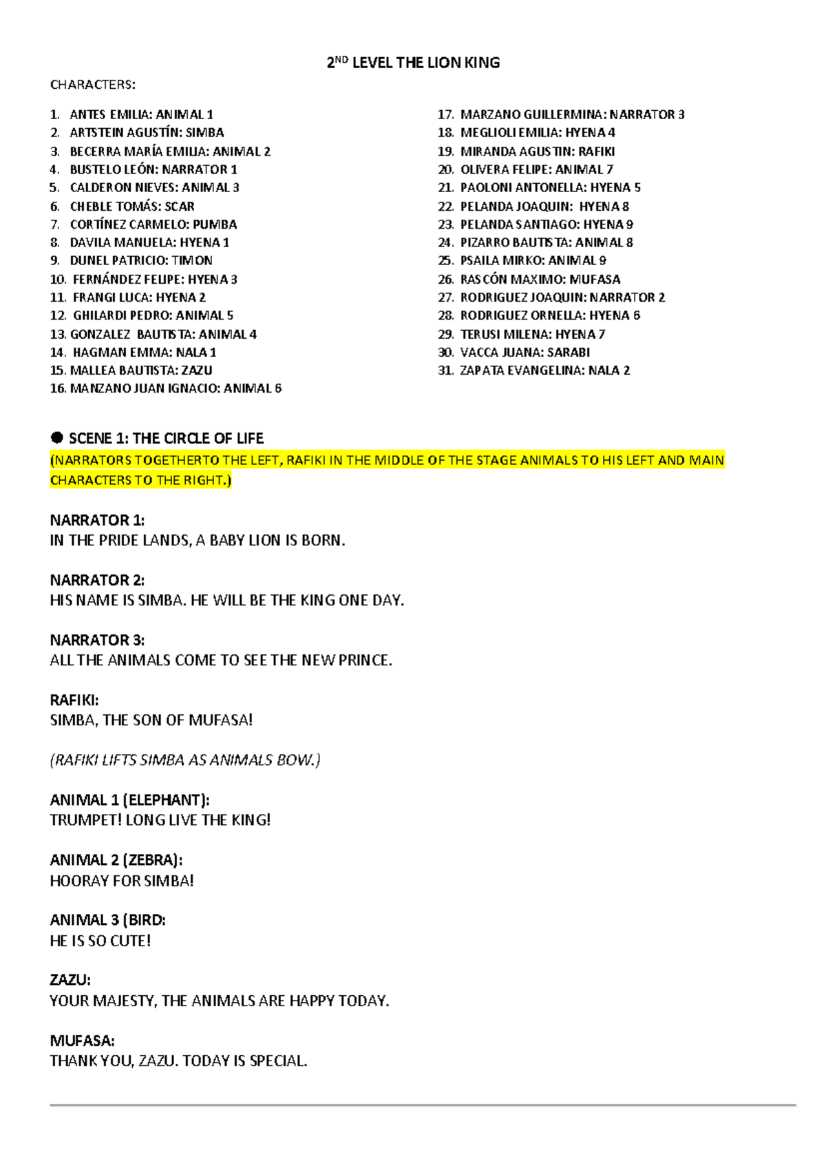 2ND LEVEL THE LION KING: SCRIPT FOR 2ND GRADE STUDENTS - Studocu