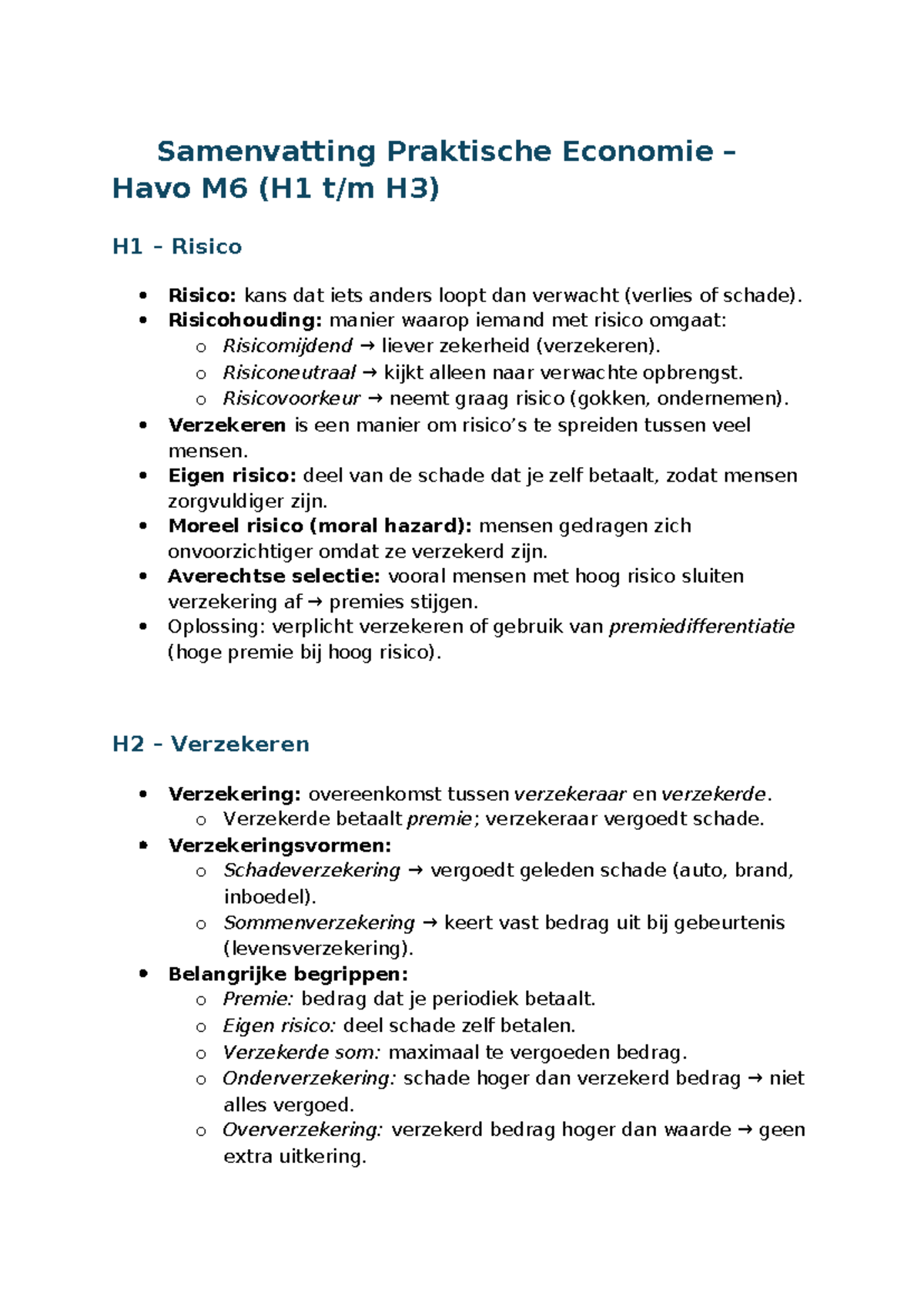 Samenvatting Praktische Economie Havo M6: H1-H3 Risico en Verzekeren ...