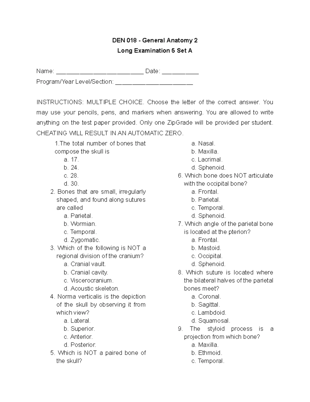 Osteology Exam Review: Key Bone Features and Structures - Studocu