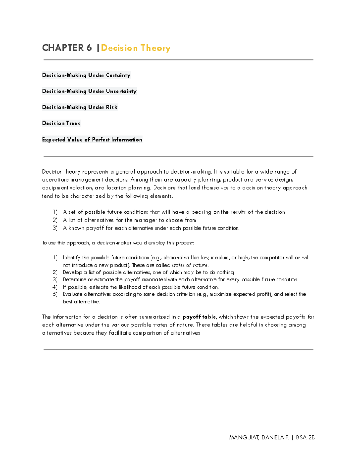Chapter 6 OpMan - CHAPTER 6 |Decision Theory Decision-Making Under ...