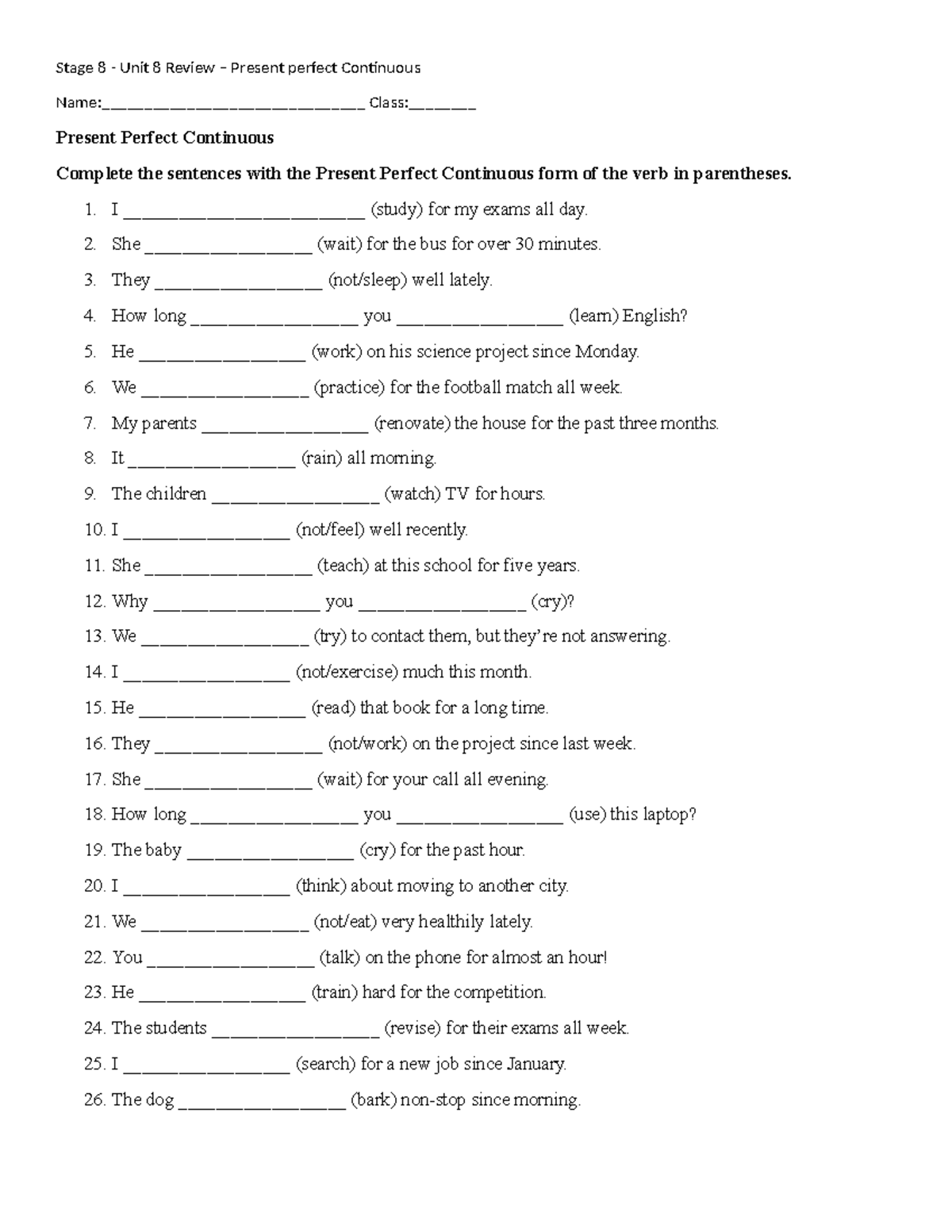 Unit 8 Review: Present Perfect Continuous Exercises and Answers - Studocu