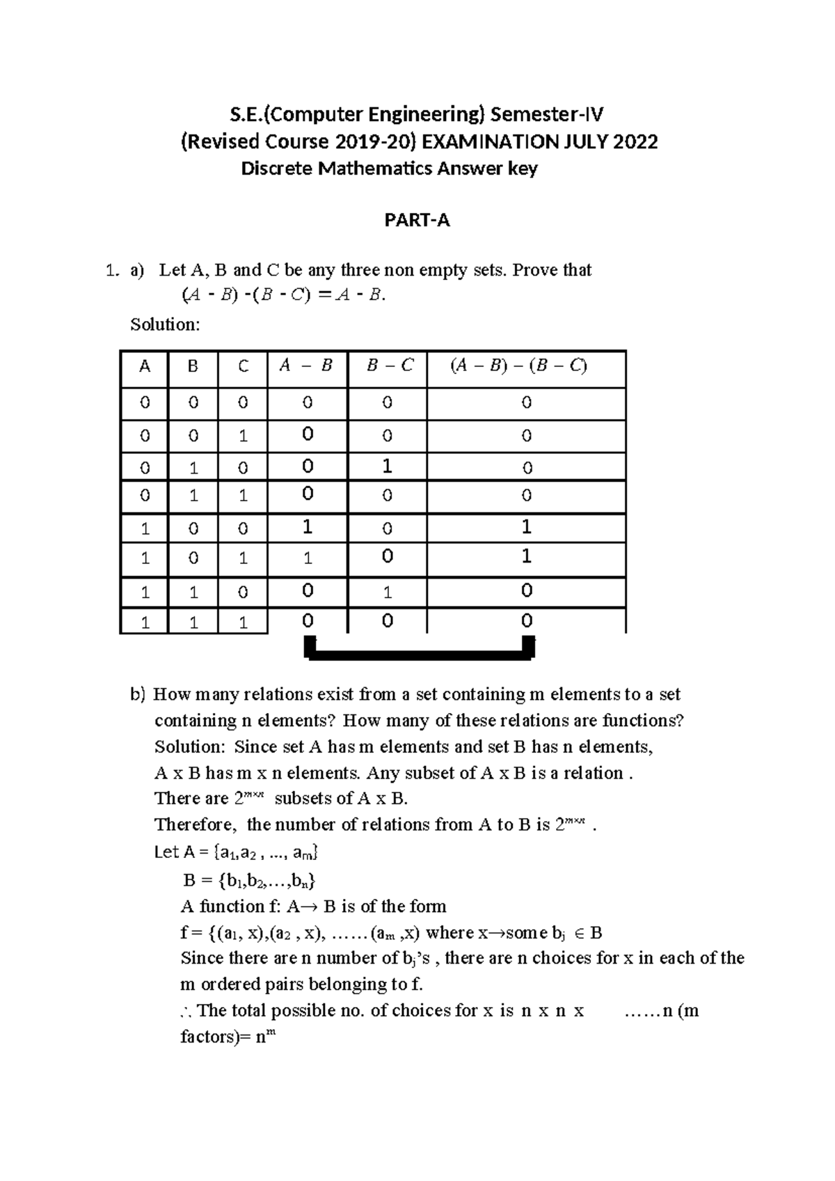 S.E. (Computer Engineering) Discrete Mathematics Exam Answer Key July ...