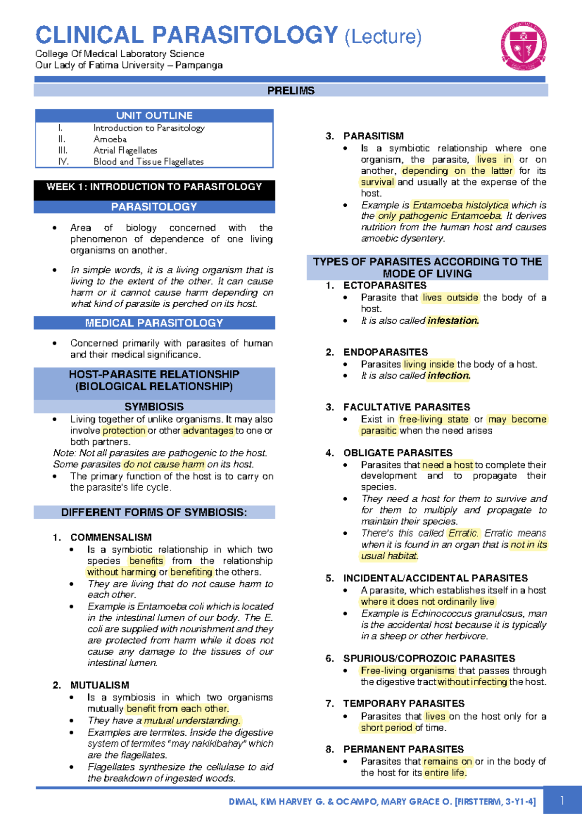 PARA-LEC - Clinical Parasitology Notes (MEDTECH) - Studocu