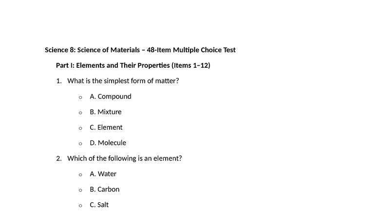 Science 8: Review Quiz on Elements and Their Properties - Studocu