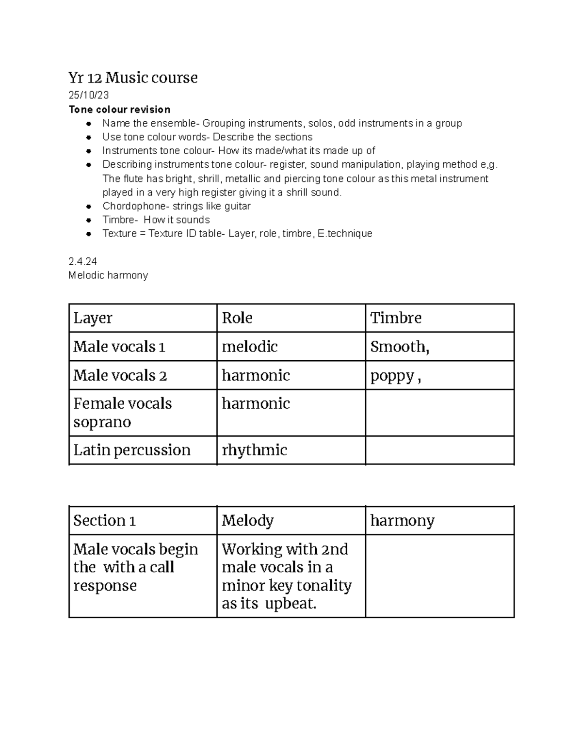 Yr 12 Music HSC Tone Colour Revision Notes - Studocu