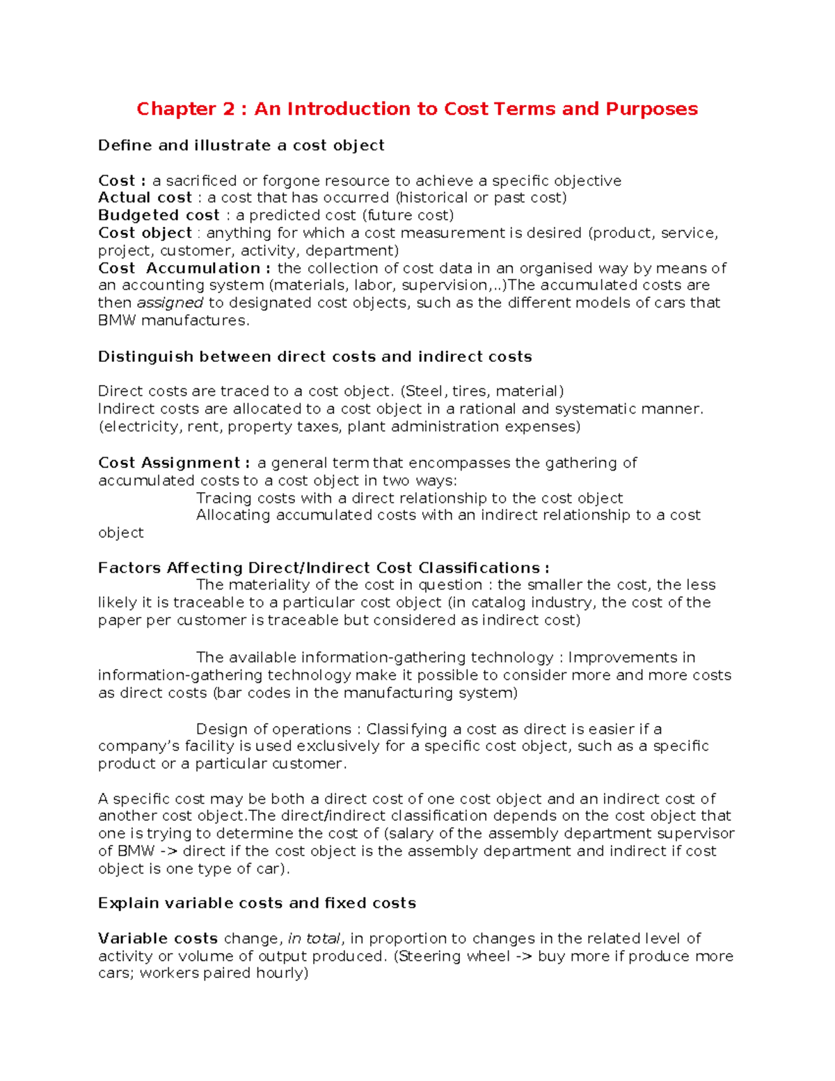 Chapter 2: Cost Terms & Purposes - Exam Preparation Notes - Studocu